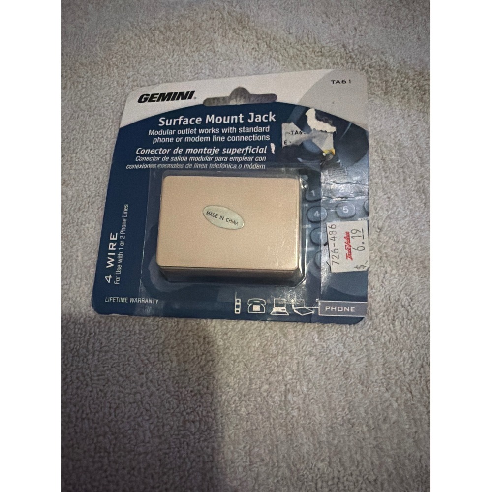 Gemini TA61 Surface Mount Jack 4 Wire 1 or 2 Phone Lines Almond Modular Outlet